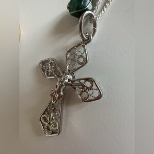 925 Silver Filigree Cross Necklace with Green Stone Accent